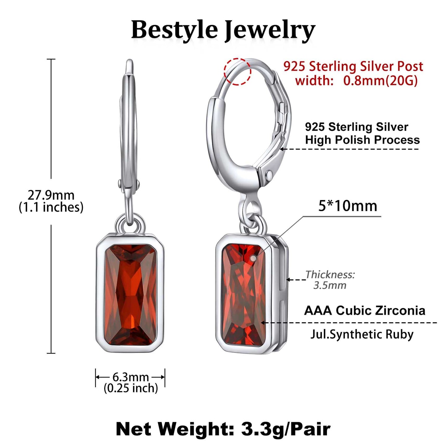Bestyle Sterling Silver Rectangle July Birthstone Dangle Drop Earrings - Sparkle Ruby Red Drop Earrings for Women Dangling -Small Silver Huggie Hoop Earrings For Women | Trendy CZ Huggie Earrings