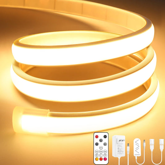 Lamomo COB LED Strip Lights Pro, 16.4Ft Warm White Dimmable Self-Adhesive Led Rope Light with Remote, Flexible Cuttable Waterproof 3000K Silicone Neon Tape Lights for Bedroom, Indoor, Outdoor,Cabinet