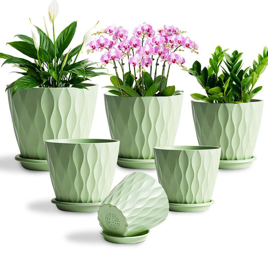 KEETUMOOD Plant Pots, Self Watering Planters with Drainage Holes and Trays, Flower Pots for Indoor Outdoor - 6 Pack(4/5/6/6.5/7/8 Inch) (Light Green)