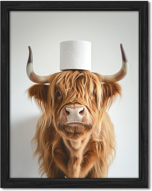 ZXDZSM Highland Cow Wall Art - Funny Rustic Bathroom Decor Canvas Print | Framed 12x16 Inch