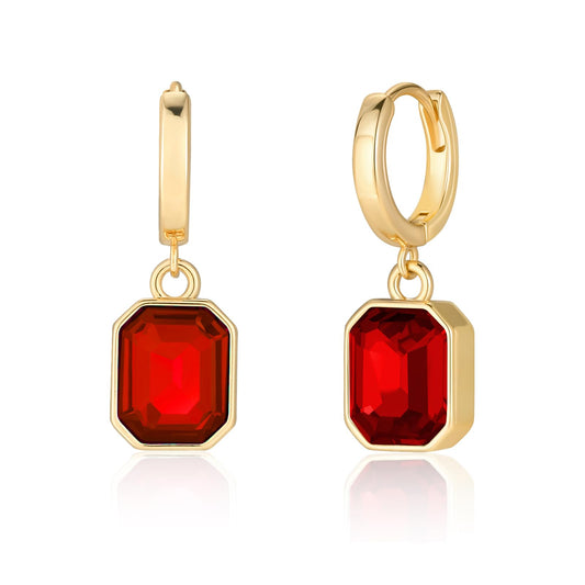 Birthstone Crystal Dangle Drop Earrings, 18K Gold Plated Huggie Hoop Hypoallergenic Earring Jewelry Gifts for Women (Red)