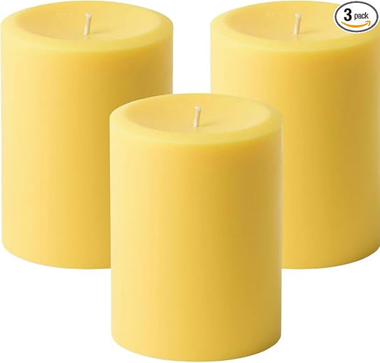 Mister Candle Citronella Candles, Ideal for Outdoor & Indoor Use, 3"x4" Yellow Pillar Candles Set of 3, Hand Poured, Premium Wax & Dripless, 60 Hour Burn Time