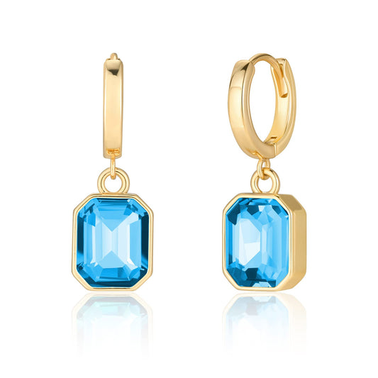 Birthstone Crystal Dangle Drop Earrings, 18K Gold Plated Huggie Hoop Hypoallergenic Earring Jewelry Gifts for Women (Blue)