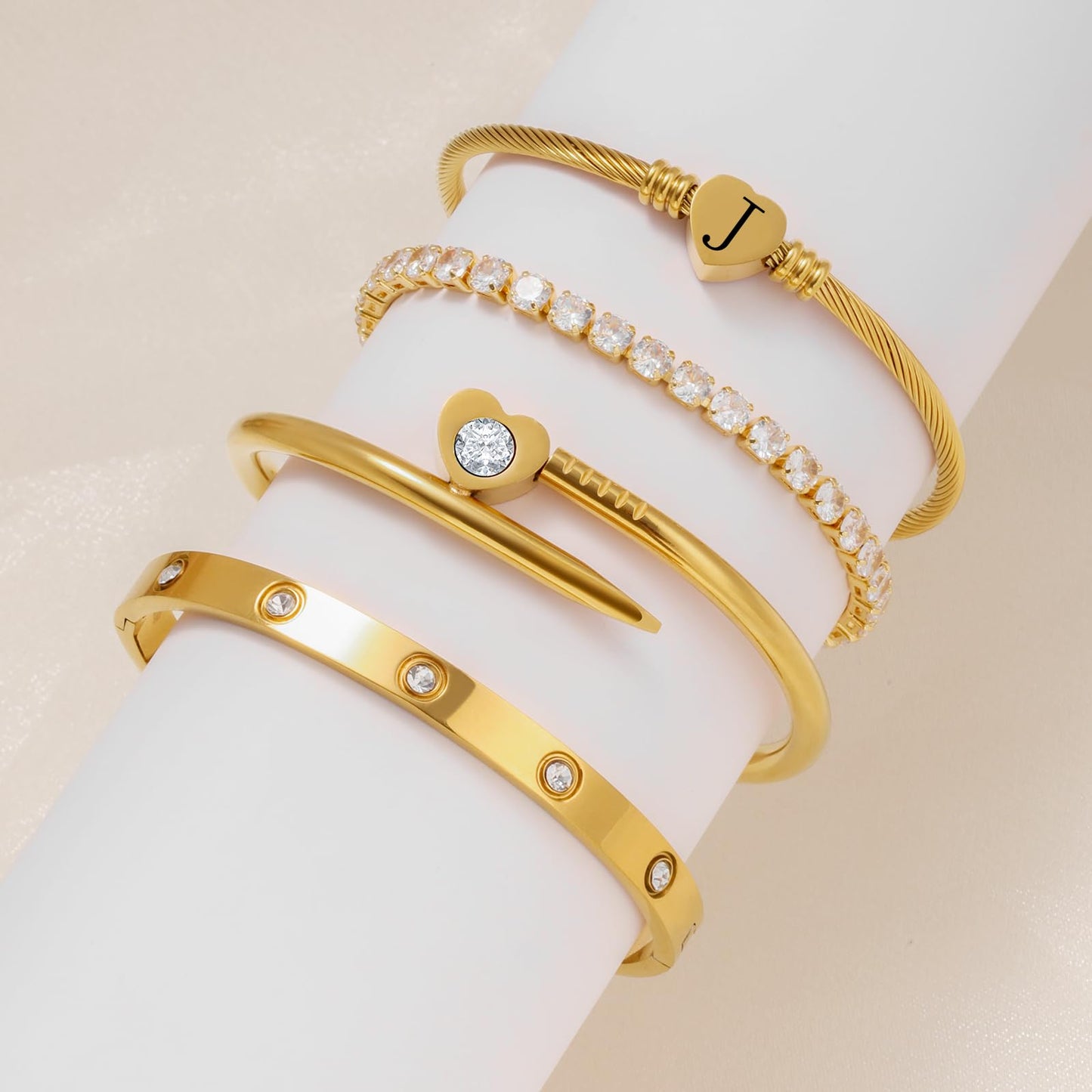 MEIERYA18K Gold Plated Nail love Bangle Bracelet Set for Women,Cubic Zirconia,Adjustable tennis bracelet Trendy Gift Jewelry for Mother's Day Anniversary (08-Style-J)