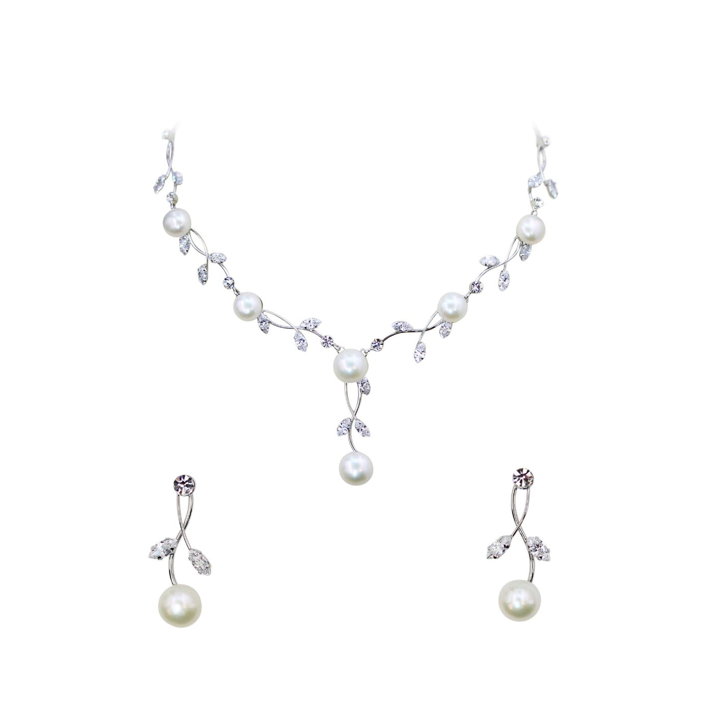 Faship Clear CZ Crystal Genuine Freshwater Pearls Floral Necklace Earrings Set - Clear