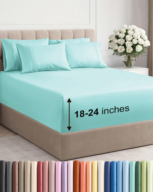 Skiennix Extra Deep Queen Sheet Set - 6 Piece Breathable Cooling Bedding - Soft Wrinkle-Free Spa Blue