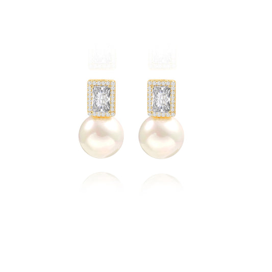 18k Gold Plated Shell Pearl Drop Earrings Emerald Cut Cubic Zirconia Halo Stud Earrings Trendy Dainty Wedding Jewelry Elegant for Bridal