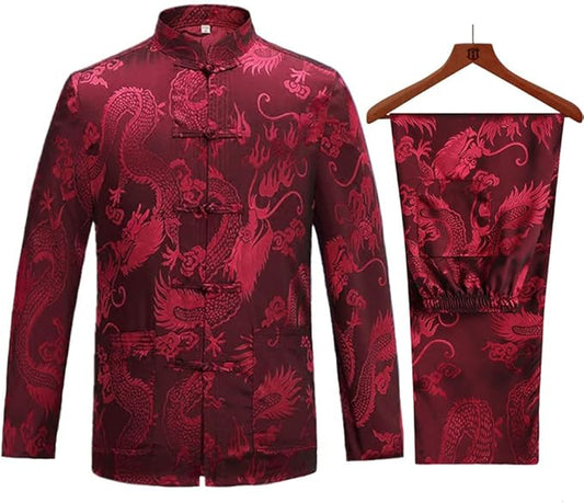 wecotton Tang Suit Men Hanfu Chinese Traditional Clothes Kung Fu Shirt Uniform Long Sleeved Coat Tops and Pants