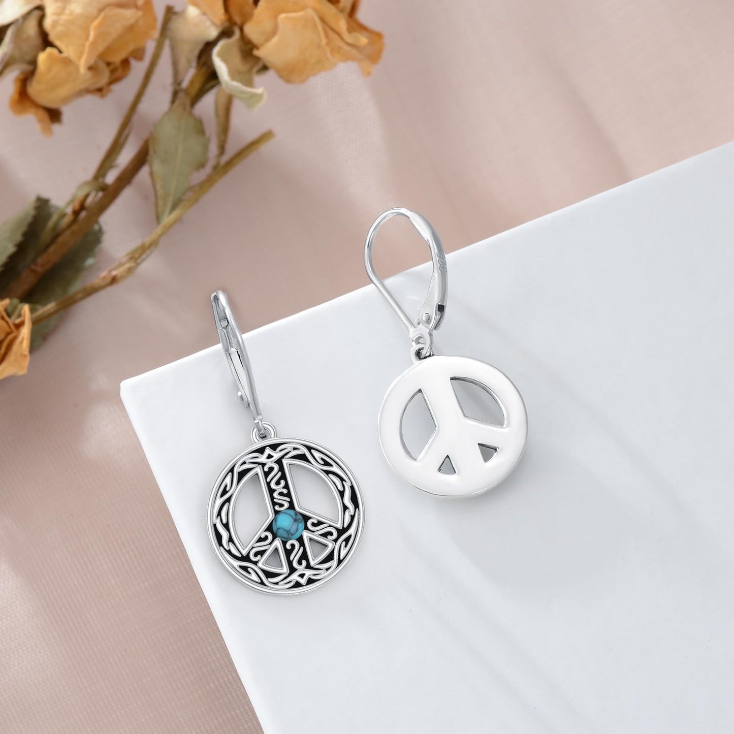 VONALA Peace Sign Earrings 925 Sterling Silver Hippe Peace Symbol Dangle Drop Dangling Earrings Turquoise Leverback Earrings Jewelry Gift for Women