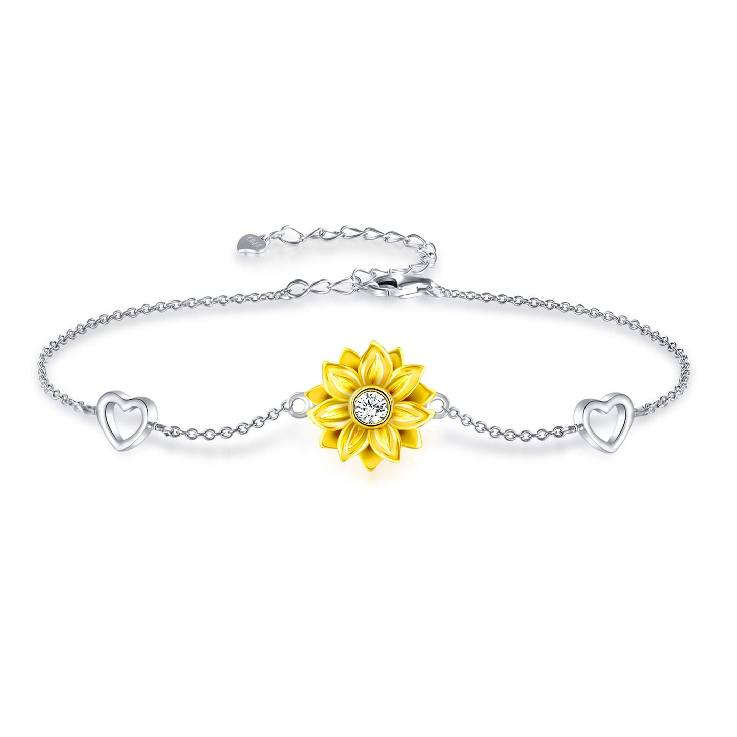 SNZM Bracelets for Women, 925 Sterling Silver Sunflower Bracelet Chain Adjustable Heart Charm Link Birthday Sunflower Jewelry for Women/Girlfriend