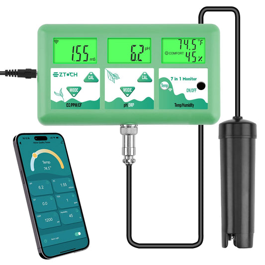 EZTOCH pH Monitor Hydroponic Continuous 7 in 1 EC pH TDS CF ORP Monitor, WiFi Continuous Monitoring pH EC PPM Humidity Temp Meter of Aquaponic, DWC Hydroponic System, Aeroponic Garden