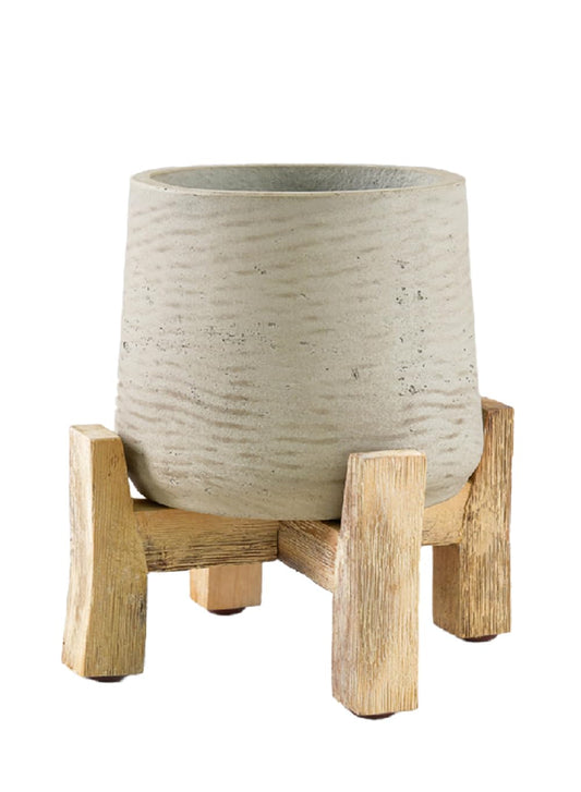 Serene Spaces Living Minimalist Cement Planter with Wooden Legs – Sleek Planter for Succulents, Cacti, Indoor Greenery, Versatile, Durable Plant Pot for Home or Office, 8" Diameter & 9" Tall