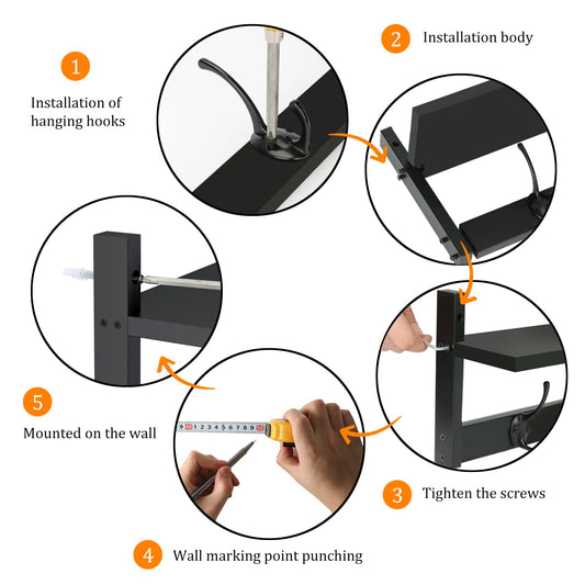 BAMEOS Wall-Mounted Shelf with Hooks - 28.9 Inch Entryway Hanging Shelf with 5 Dual Hooks for Bathroom, Living Room, Bedroom (Black)