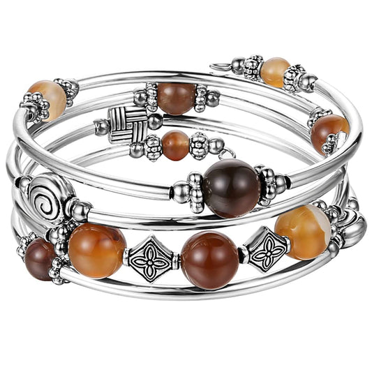 Beaded Pearl Bangle Wrap Bracelet - Fashion Bohemian Jewelry Multilayer Charm Bracelet with Thick Silver Metal Beads, Gift For Women(Brown)