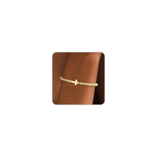 Beaded Bracelets for Women 14K Silver Gold Plated Stretch Handmade Ball Bracelets Cute Charm Bracelet Dainty Stackable Cross Heart Bow Wave CZ Circle Trendy Jewelry Easter Gifts (cross)