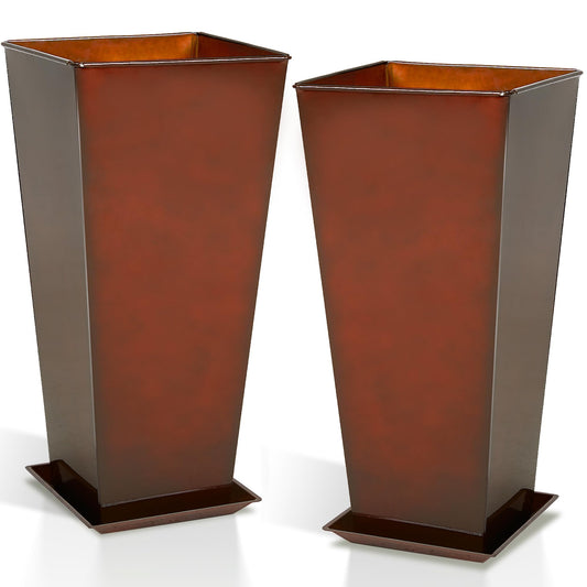 Worth Garden 25" Large Metal Glazed Planter Set of 2, Luxurious Glossy Finish Red Tall Square Tapered Steel Plant Pots, Decor Flower Pot Indoor & Outdoor, Drainage Hole & Dual-Purpose Plant Saucer