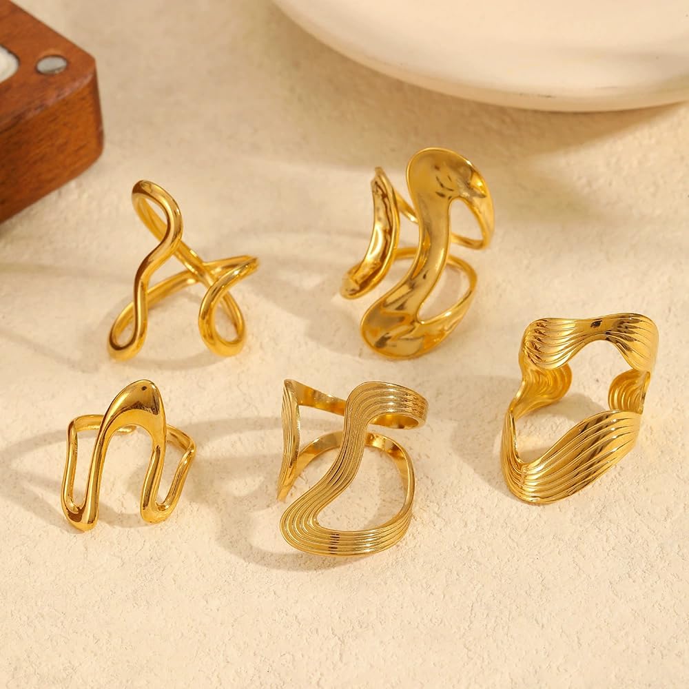 AIETUE Chunky Rings For Women, Gold Silver Thumb Ring Asymmetrical Wavy Curve Ring Adjustable Non Tarnish Dainty Stainless Steel New Year Anniversary Birthday Jewelry Gift (Trendy Gold #4)