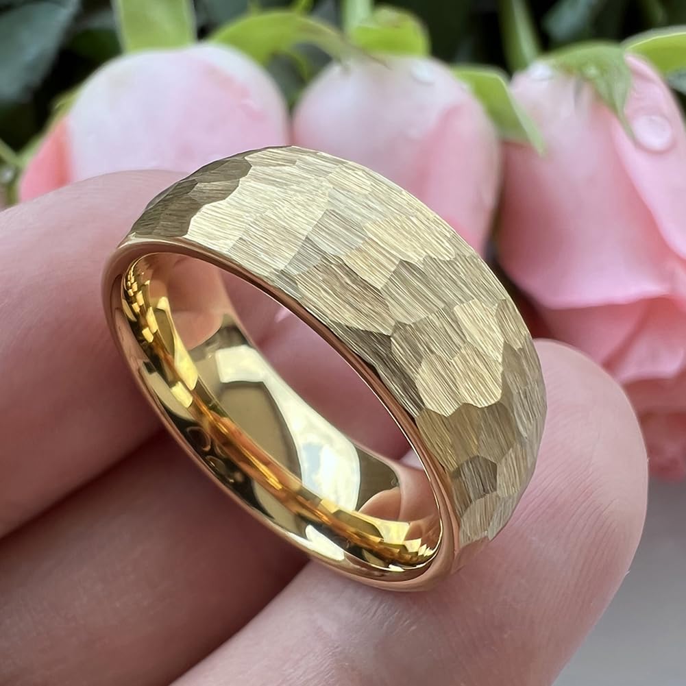 TUTISS 8mm Gold Hammered Tungsten Rings for Men Women Engagement Wedding Bands Domed I Love You Engraved Comfort Fit Size 9.5