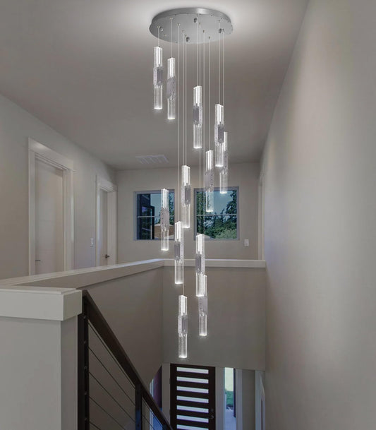 12-Lights Modern Crystal Chandelier for High Ceiling Dimmable LED Pendant Lighting Long Light Chandelier for Staircase Foyer Enterway Living Room Silver