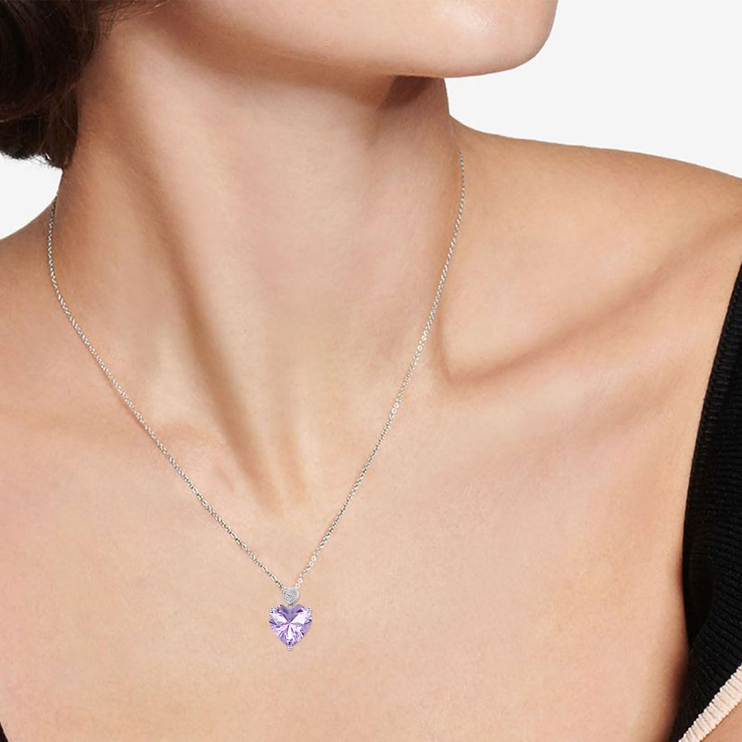 NFYBD 14k White Gold Love Heart Light Amethyst Birthstone Pendant Necklace for Women 3 Carat Heart-cut Created Gemstone Anniversary Birthday Mother's Day Necklaces for Her-june