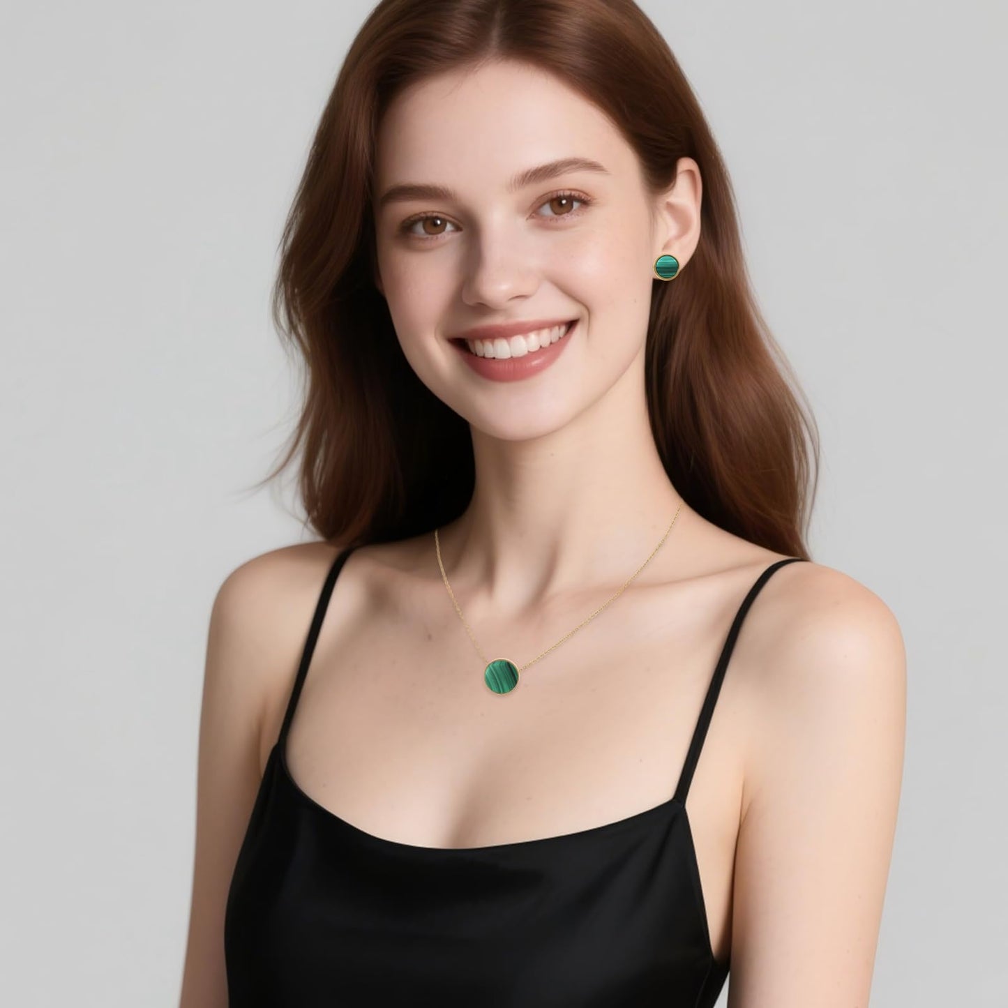 TaYolnFaSo Round Malachite Jewelry Set for Women 18K Gold Plated Malachite Necklace Studs Earrings Set Dainty Jewelry Gift