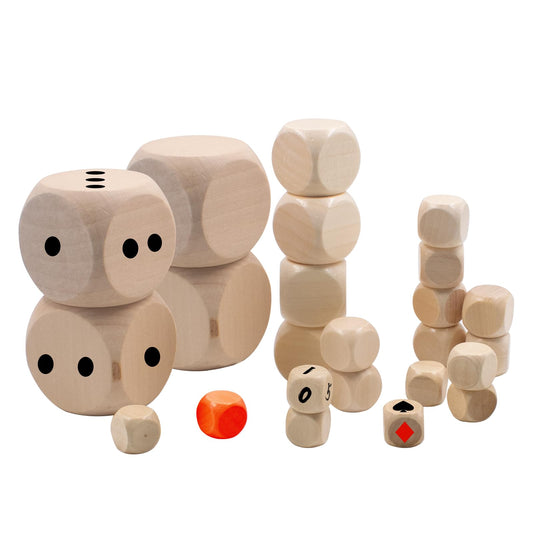 24 Pcs Blank Wooden Dice, 4 Sizes Unfinished Wood Cubes with Rounded Corners, 6 Sided Square Blocks for DIY Craft Projects, Board Game, Party Supplies