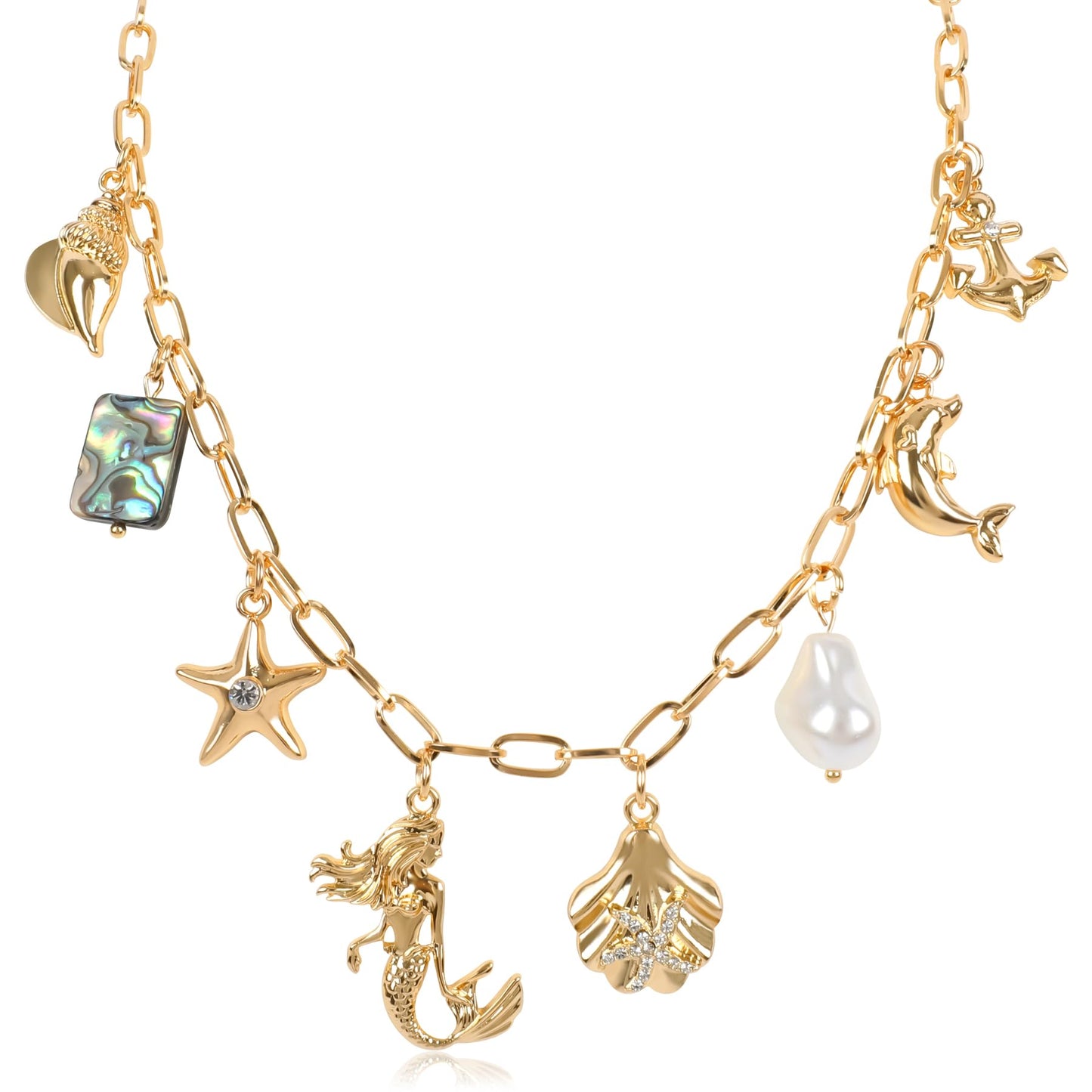 Gold Ocean Charm Necklace for Women Hawaii Chain Necklace with Cute Dangle Mermaid Shell Pearl Starfish Conch Dolphin Ship Anchor Sea Pendant Adjustable Trendy Y2K Summer Beach Jewelry Gift for Women