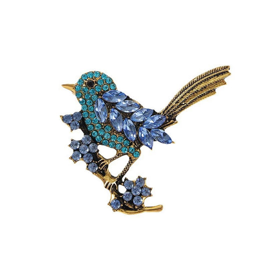 Bird Brooch Pin for Women Elegant Gold Tone Crystal Bird Brooches for Women Dress Hat Decoration-blue