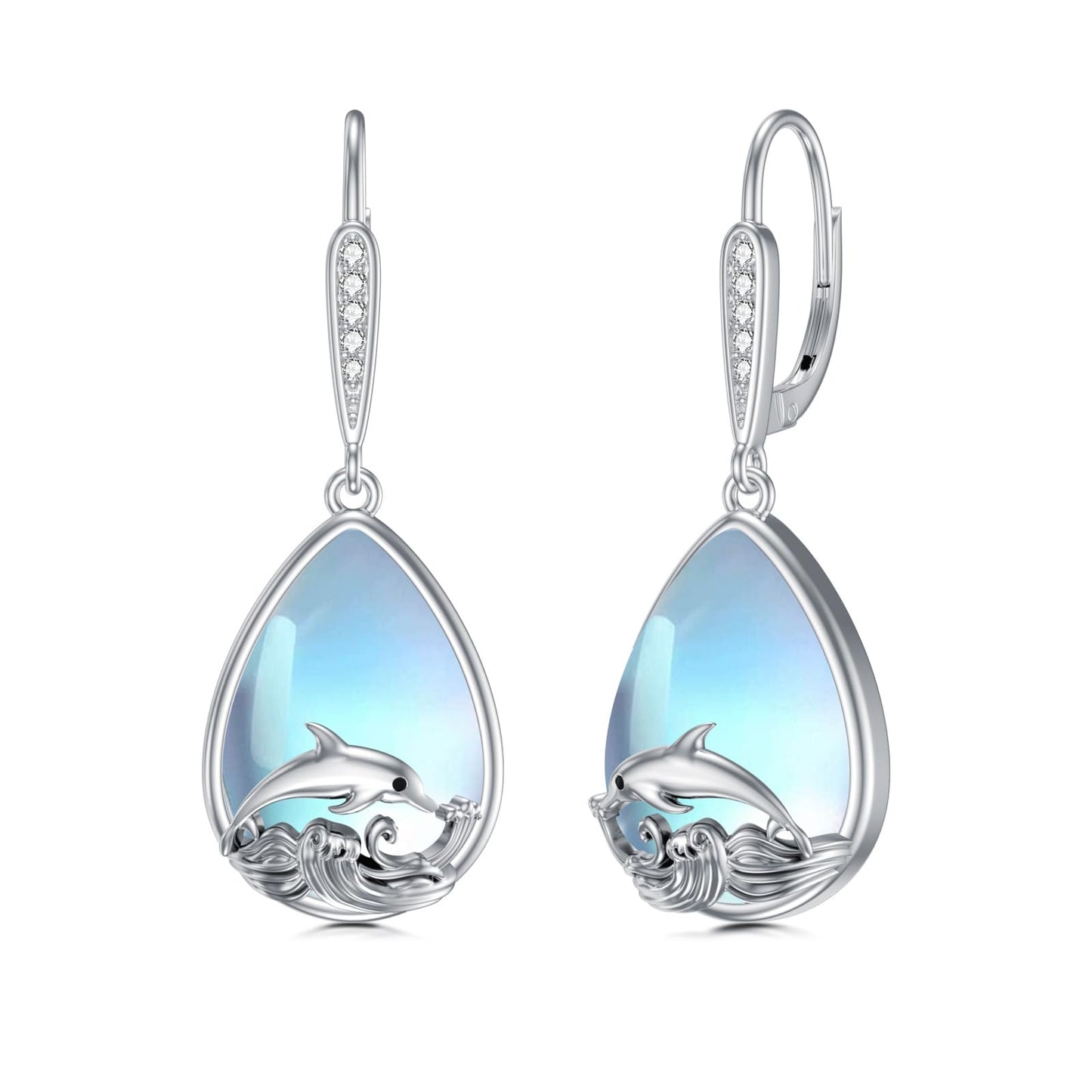 VONALA Dolphin Earrings 925 Sterling Silver Moonstone Leverback Earrings Waves Dangle Drop Dangling Earrings Ocean Animal Jewelry Gifts for Women