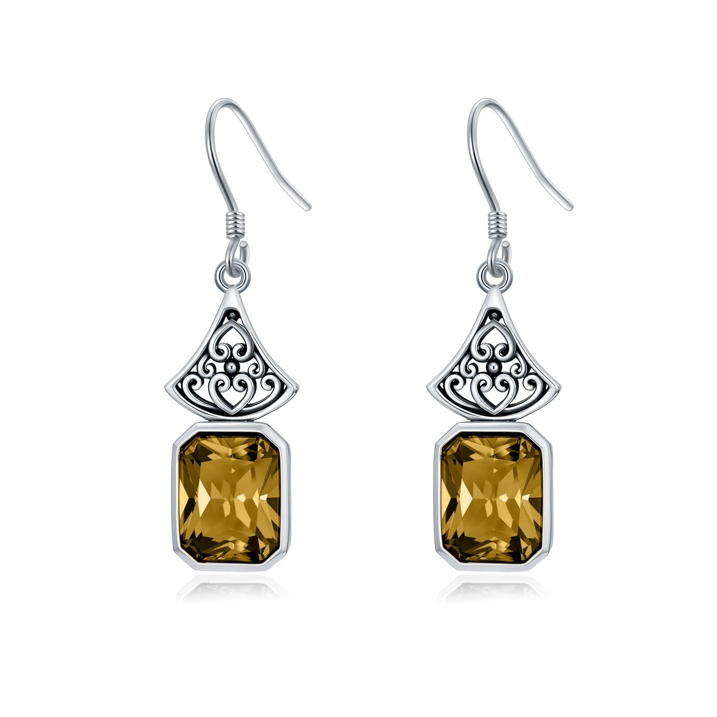 Vintage Earrings 925 Sterling Silver Oxidized Dangle Drop Earrings with Emerald Cut Yellow Crystal November Birthstone Anniversary Jewelry Gifts for Women
