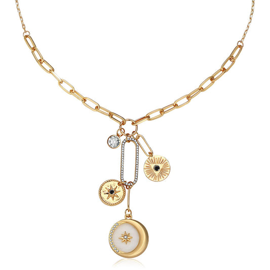 BONJOULRY Charm Necklace for Women Gold Sun Moon Pearl Shell Coin Evil Eye Charms Pendent Necklace Chunky Paperclip Necklaces Celestial Jewelry Shell