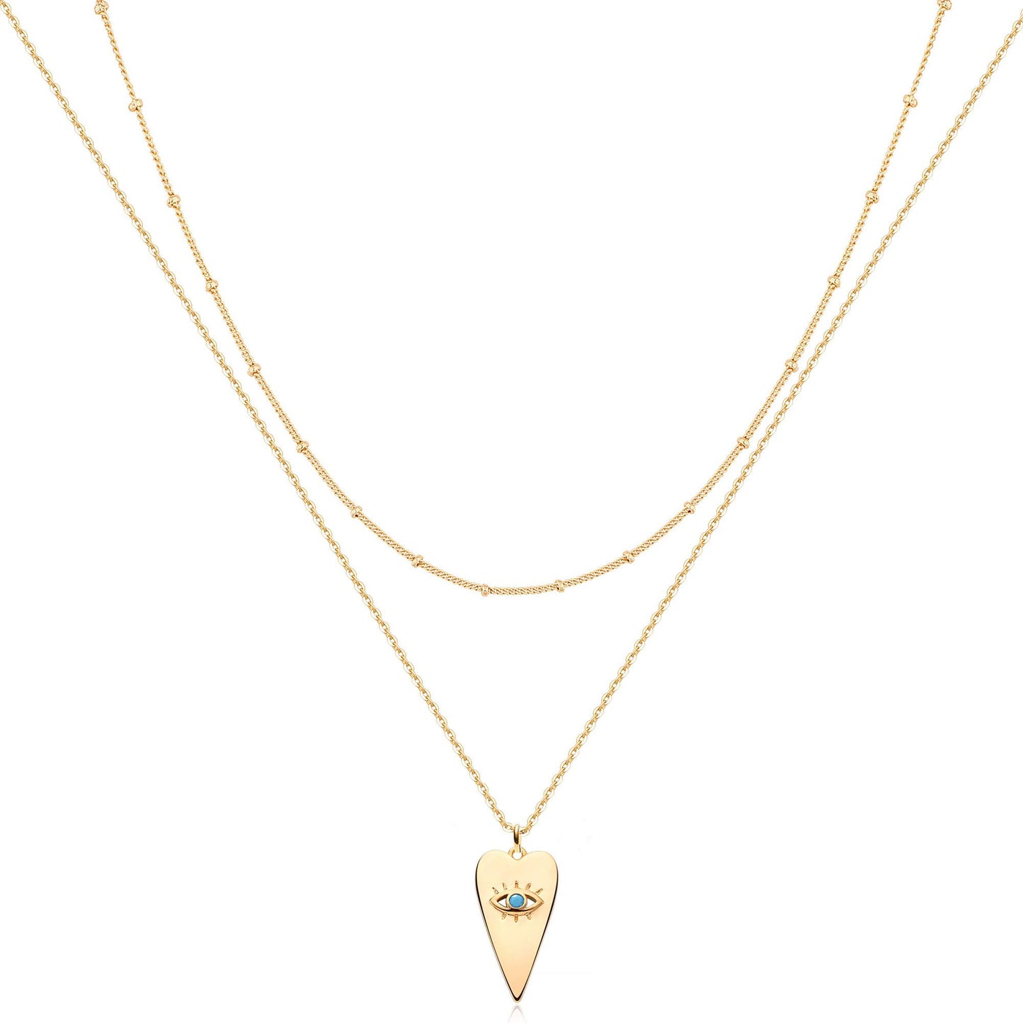 MEVECCO Layered Heart Evil Eye Necklace Handmade 18k Gold Plated Dainty Turquoise Layering Necklace for Women