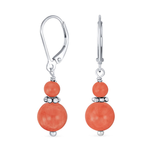 Bling Jewelry Gemstone Natural Orange Peach Coral Boho Bali Milgrain Edged Beaded Rondel Separator Double Ball Round Drop Dangle Earrings For Women Teen .925 Sterling Silver Lever back