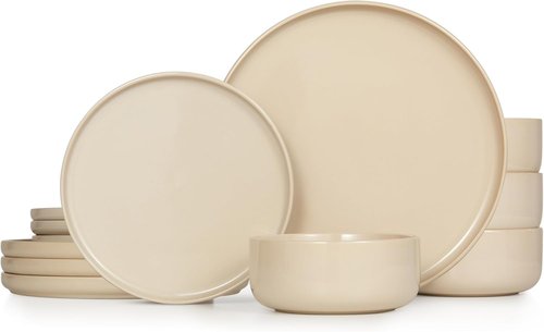 Kook Dinnerware Set - 12 Piece Service for 4 | Ceramic Plates & Bowls in Beige - Somerset Collection