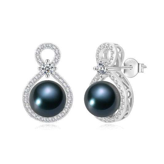 BAMIKI S925 Sterling Silver Infinity Pearl Earrings Stud for Women, Genuine Quality 8-8.5mm Round Saltwater Cultured Tahitian Black Pearls Hypoallergenicity Jewelry Gifts for Mother Wife Bridal