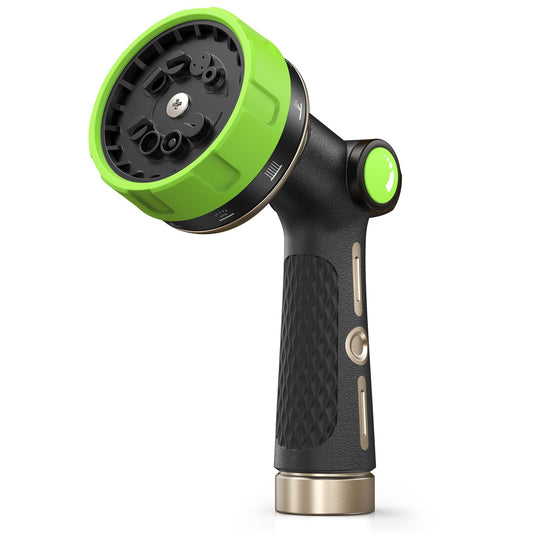 RAINPOINT Garden Hose Nozzle Heavy Duty - 100% Metal Thumb Control Spray Nozzles for Garden Hose High Pressure, 10 Patterns Water Hose Nozzle for Car Wash, Watering Lawn and Pets, Green