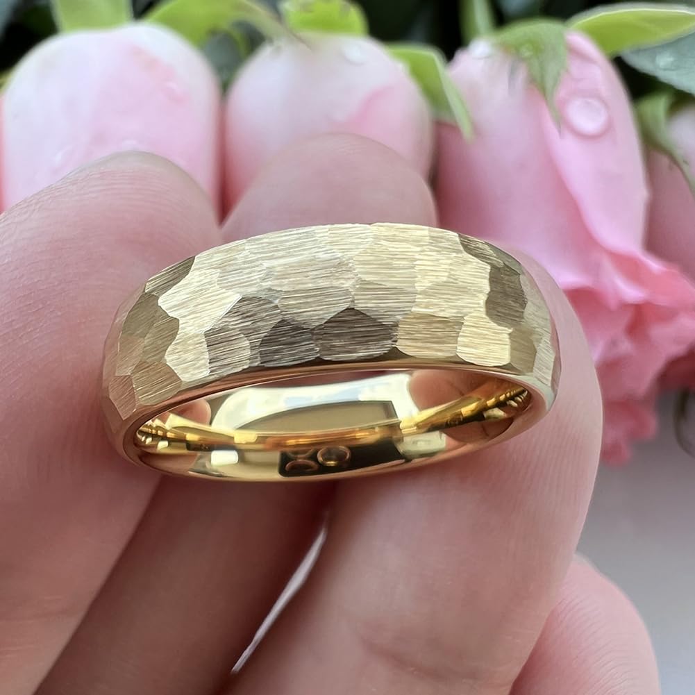 TUTISS 6mm Gold Hammered Tungsten Rings for Men Women Engagement Wedding Bands Domed Matte Finish Comfort Fit Size 9.5