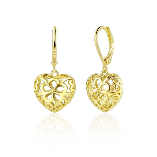 14K Gold Dangle Heart Earrings for Women Hypoallergenic Filigree Leverback Drop Earrings Jewelry Gifts