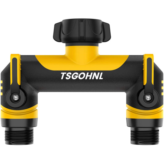 2 Way Garden Hose Splitter, 3/4 Inch Outdoor Faucet Splitter, Hose Manifold with Independent Shut Off Valves, Wide Spacing for Hose Timers, Sprinklers, Lawn, Yard and Garden Watering - yellow