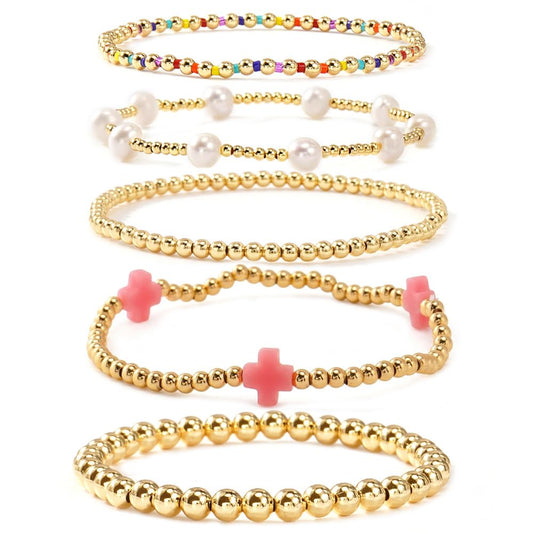 Bohxantium 14K Gold Beaded Pink Cross Bracelets for Women Dainty Pearl Colorful Seed Beads Stretch Stackable Non Tarnish Bracelet Stack Boho Christian Jewelry Accessories Birthday Prom Friendship Gift