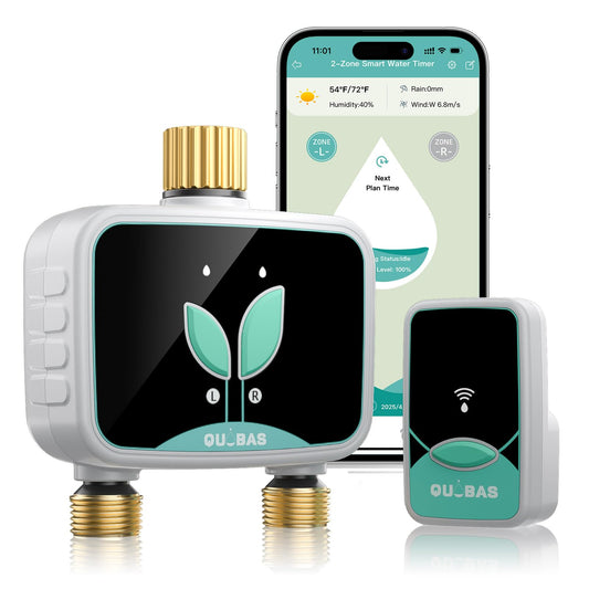 QUOBAS WiFi Water Timer for Garden Hose, 2 Zone Brass Hose Timer WiFi with App Control & Rain Delay/Auto/Manual 3 Modes for Drip Irrigation, Pool & Lawn, Battery Powered, 2.4GHz WiFi Only