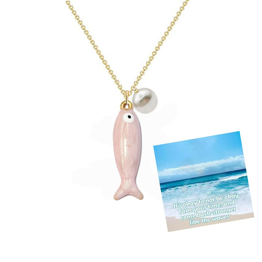 Boho Fish Charms Necklace for Women, Colorful Enamel Cats Eye Summer Sea Ocean Hawaiian Dainty Lucky Fish Pearl Pendant Necklaces Minimalist Surfer Jewelry for Her (Pink)