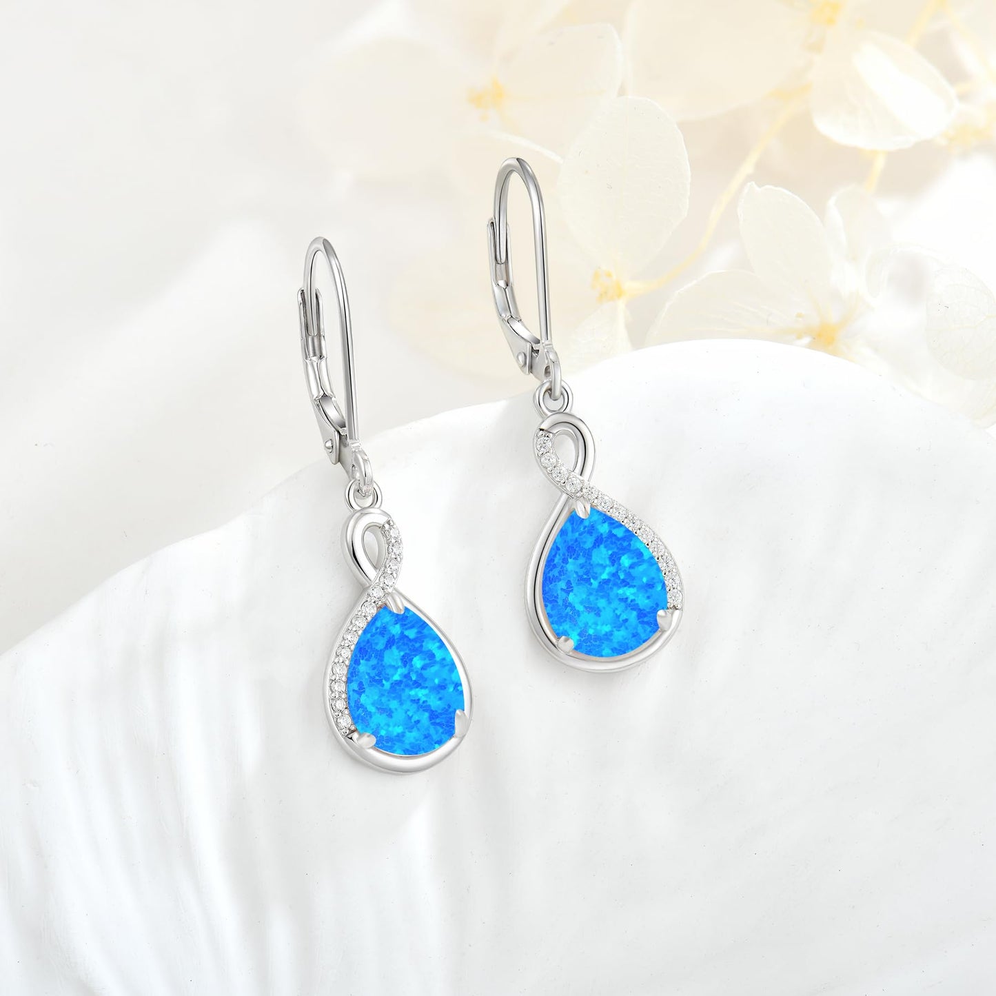 FYNSBLE Blue Opal Earrings for Women Sterling Silver Infinity Opal Dangle Drop Leverback Earrings Hypoallergenic Jewelry for Women