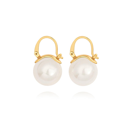 14mm Big Pearl Drop Earrings, Simple Gold Plated Huggie Hoop Earrings, Dainty Wedding Jewelry for Bridal