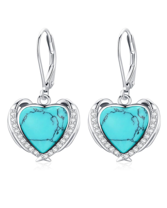 BDL Angel Wing Heart Genuine Turquoise Leverback Earrings Sterling Silver Dangle Drop Jewelry for Women