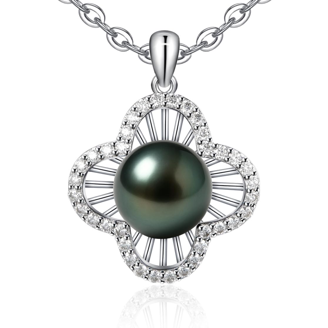 Genuine Tahitian Black Pearl Necklace - Christmas Gift for Women Wife Mom Daughter, Jewelry Gifts for Wedding Anniversary Birthday, 9-10mm Seawater Pearl with Sterling Silver Moissanite Flower Pendant