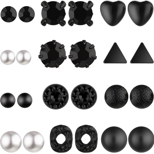 BBTO 24 Pairs Stud Earrings Crystal Pearl Earring Set Ear Stud Jewelry for Women Men(Black)