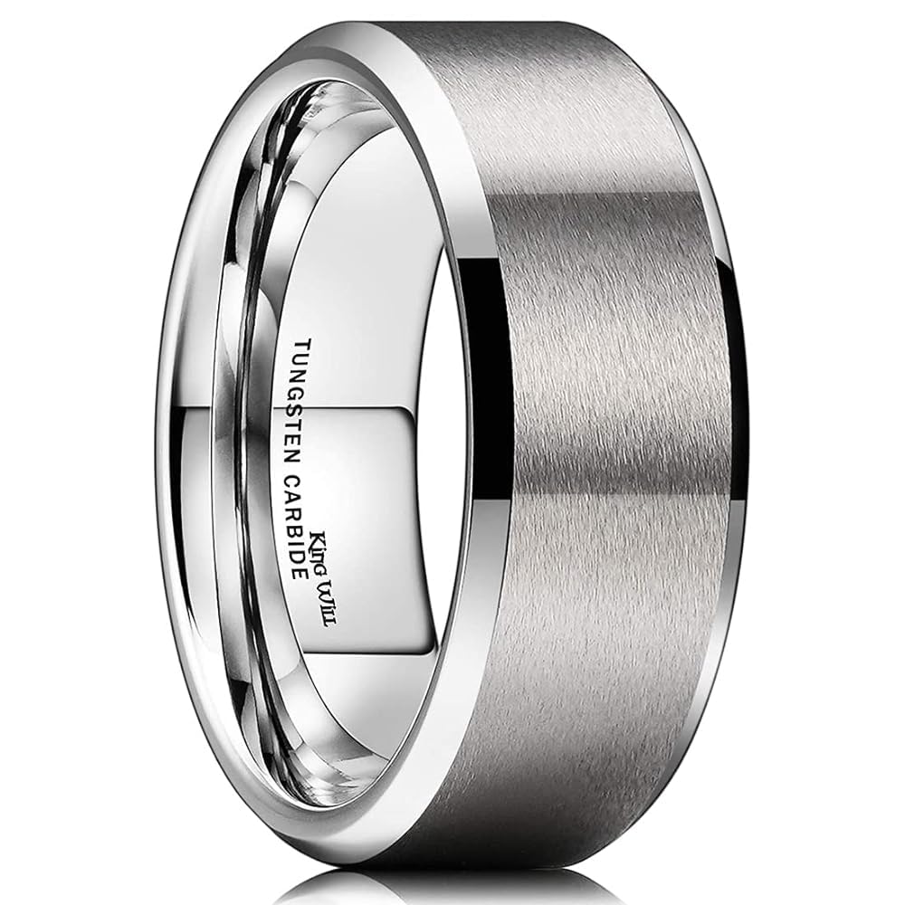King Will 8mm Men's Silver Wedding Ring - Brushed Matte Surface, Beveled Polished Edge, Comfort Fit Size 15