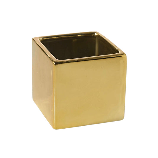 WGV Ceramic Cube Vase Width 6.5" Height 6" (Fits 6" Pot) Elegant Modern Block Square Floral Planter Terrarium Container Table Dresser for Event Accent Home Office Decor Gold 1 Piece