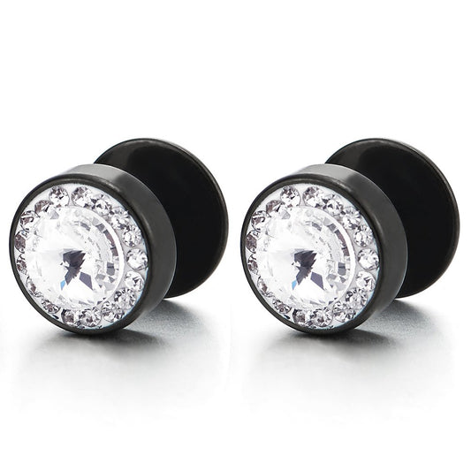 10mm Mens Women Black Circle Stud Earrings with Cubic Zirconia Steel Cheater Fake Plug Gauges Tunnel